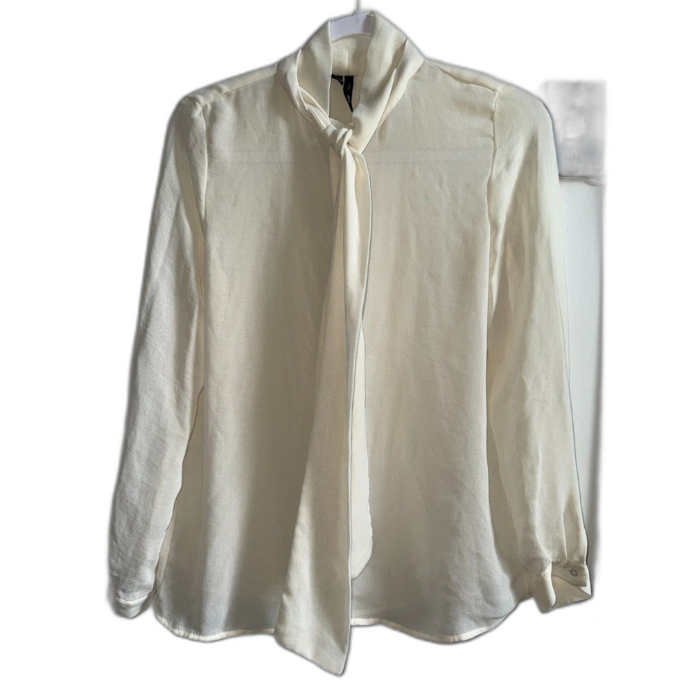 MNG Mango Cream Off White Sheer Tie Neck Bow Blouse Button Down Shirt Medium